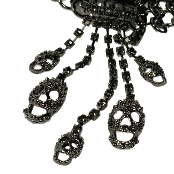 Natasha Gunmetal Pave Bib Statement Necklace Skulls Chainmail Choker Goth - Picture 11 of 17